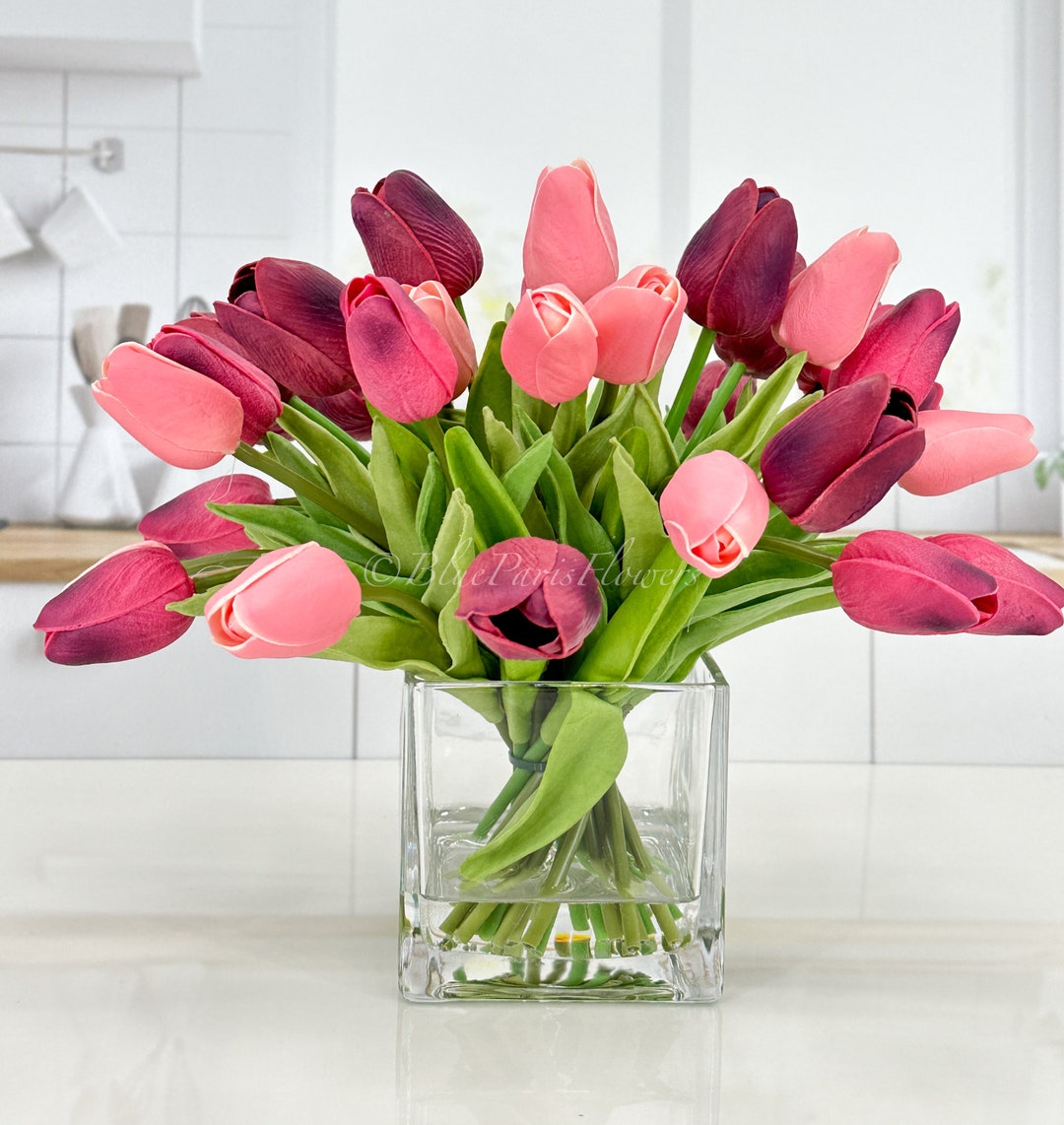 Burgundy Pink Tulips Arrangement: Modern Faux Floral in Glass Vase - Etsy