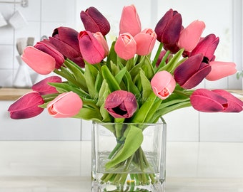 Burgundy Pink Tulips Arrangement: Modern Faux Floral in Glass Vase
