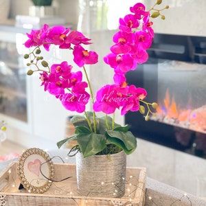 Magenta 4 Stems Phalaenopsis Orchid Arrangement, Faux Floral Arrangement, Centerpiece Real Touch Orchids in Vase Blue Paris