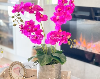 Magenta 4 Stems Phalaenopsis Orchid Arrangement, Faux Floral Arrangement, Centerpiece Real Touch Orchids in Vase Blue Paris