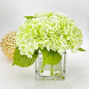 LT Green REAL TOUCH Hydrangeas in Vase, Artificial Faux Flower Arrangement, French Floral Centerpiece Flower, Faux Flower in Vase Home Decor