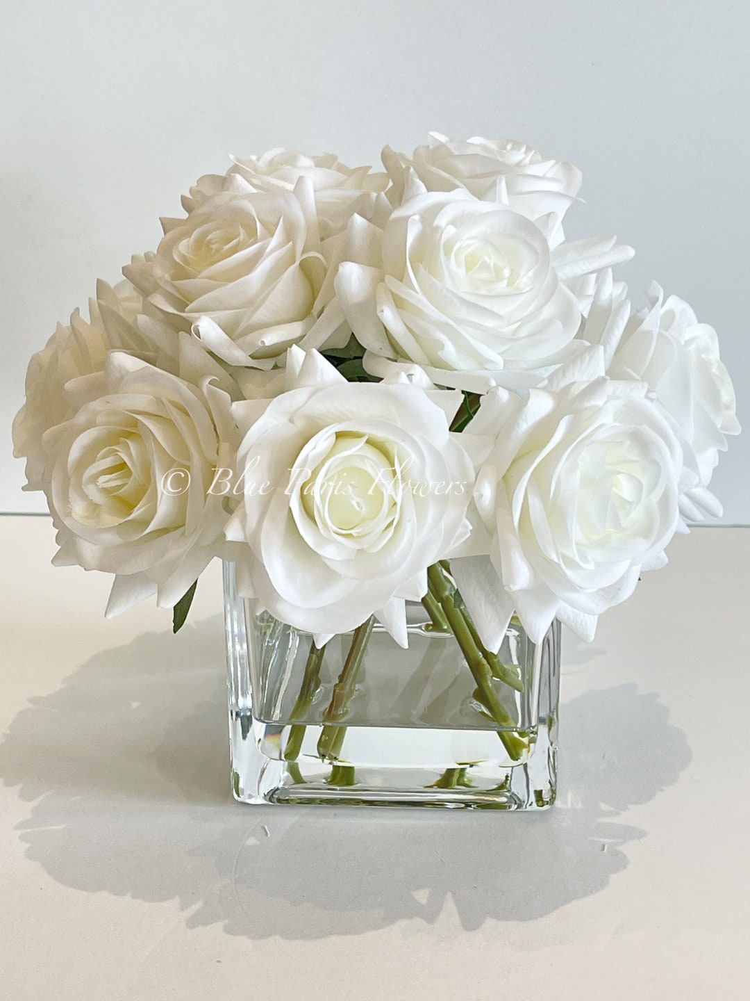 White Realistic Touch Roses Arrangement, Artificial Faux Centerpiece
