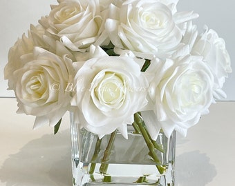 White Realistic Touch Roses Arrangement, Artificial Faux Centerpiece Flowers Real Faux Floral Roses in Glass Vase for Home French Decor