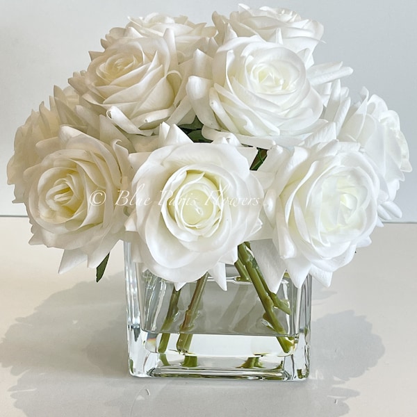 White Realistic Touch Roses Arrangement, Artificial Faux Centerpiece Flowers Real Faux Floral Roses in Glass Vase for Home French Decor