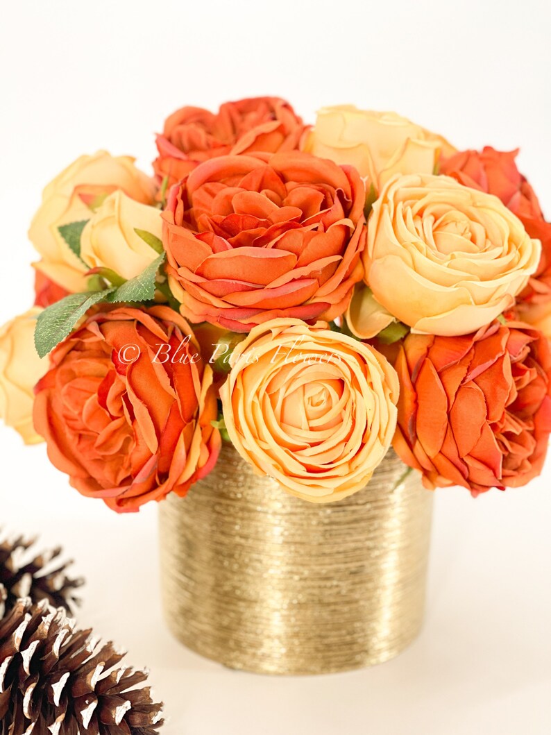 Austin Roses in Gold Vase Floral Decor Centerpiece Faux Etsy