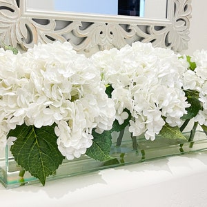 Modern Long REAL TOUCH Hydrangeas Arrangement Artificial Faux Centerpiece Floral Flower Arrangement Silk Flowers Glass Vase French Decor