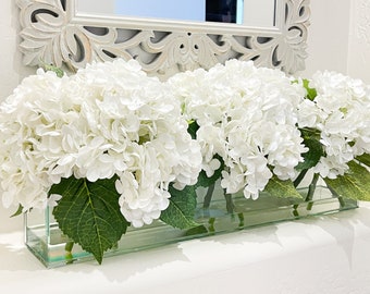 Composition d&#39;hortensias longue et réelle moderne, faux centre de table artificiel, composition florale, fleurs en soie, vase en verre, décoration française