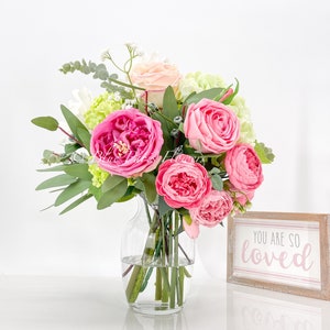 Faux Flower Arrangement, Peonies, Roses, Greens in Vase, Floral Decor Real Touch Centerpiece, Faux Artificial Flowers Silk Arrangement Pink image 1