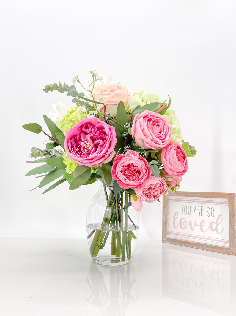 Faux Flower Arrangement, Peonies, Roses, Greens in Vase, Floral Decor Real Touch Centerpiece, Faux Artificial Flowers Silk Arrangement Pink image 1