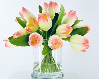 Faux Tulip Arrangement: 24 Real Touch Flowers in Glass Vase