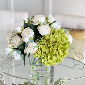 White Peony Rose Green Hydrangeas Arrangement Artificial Faux Forever Flowers in Glass Vase for Home Decor by Blue Paris Flowers