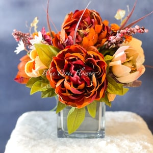 Fall or Thanksgiving Arrangement, Brown Peonies in Vase, Floral Decor Centerpiece, Faux Florals Artificial Flowers Silk Floral Decor