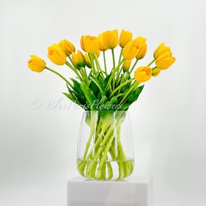 Yellow Real Touch Tulips in Glass Vase: French Country Faux Floral Arrangement