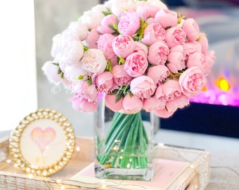 Pink Silk Peony Arrangement: Faux Floral Centerpiece in Glass Vase