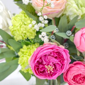 Faux Flower Arrangement, Peonies, Roses, Greens in Vase, Floral Decor Real Touch Centerpiece, Faux Artificial Flowers Silk Arrangement Pink image 6