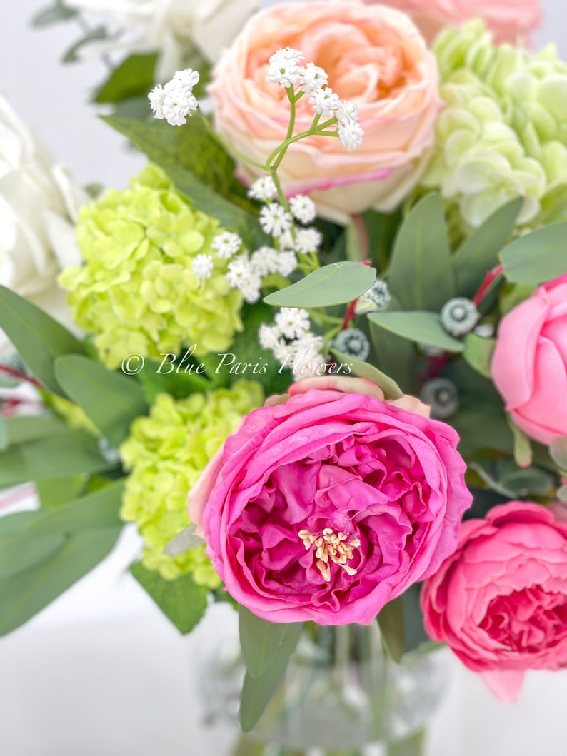 Faux Flower Arrangement, Peonies, Roses, Greens in Vase, Floral Decor Real Touch Centerpiece, Faux Artificial Flowers Silk Arrangement Pink image 6