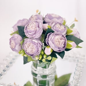 Purple or Blue White Rose Peony Arrangement, Artificial Faux Centerpiece, Faux Florals, Silk Flowers in Glass Vase by Blue Paris