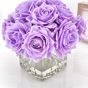 Real Touch Purple-Lavender Rose Arrangement-Fake Flowers-Artificial Centerpiece-Home Decor-Faux Flower Arrangement in Glass Vase