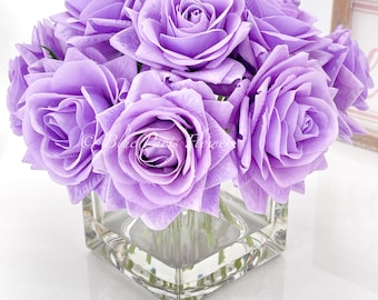 Real Touch Púrpura-Lavanda Rose Arrangement-Fake Flowers-Artificial Centerpiece-Home Decor-Faux Flower Arrangement in Glass Vase