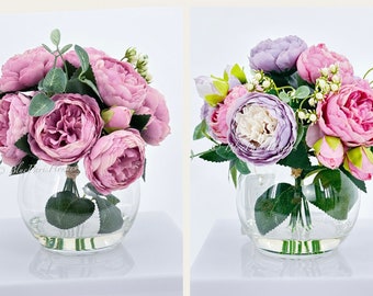 Faux Rose Peony Arrangement: Purple Pink Silk Flowers in Glass Vase