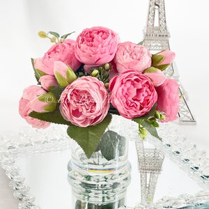 Pink Rose Peony Arrangement, Artificial Faux Table Centerpiece, Faux Florals, Silk Flowers Arrangement in Glass Vase by Blue Paris image 9