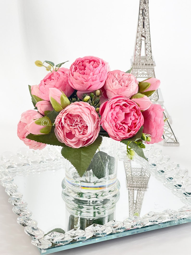 Pink Rose Peony Arrangement, Artificial Faux Table Centerpiece, Faux Florals, Silk Flowers Arrangement in Glass Vase by Blue Paris image 9