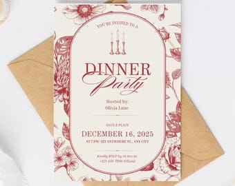 May include: A cream-colored dinner party invitation with burgundy floral illustrations and text. The invitation reads "Dinner Party" and includes the date, time, and RSVP information. The invitation is placed on a brown envelope.