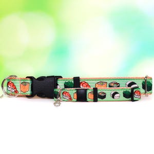 Sushi Dog Collar or Cat Collar – Cute Food Print Collar – Adjustable Pet Collar with Breakaway Option – Matching Leash & Keychain
