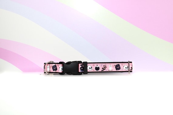 Cutie Spell Pink Witch Dog Collar – Spooky Cute Cat Collar – Spellbook Witchy Pet Collar – Girly Halloween Adjustable Collar