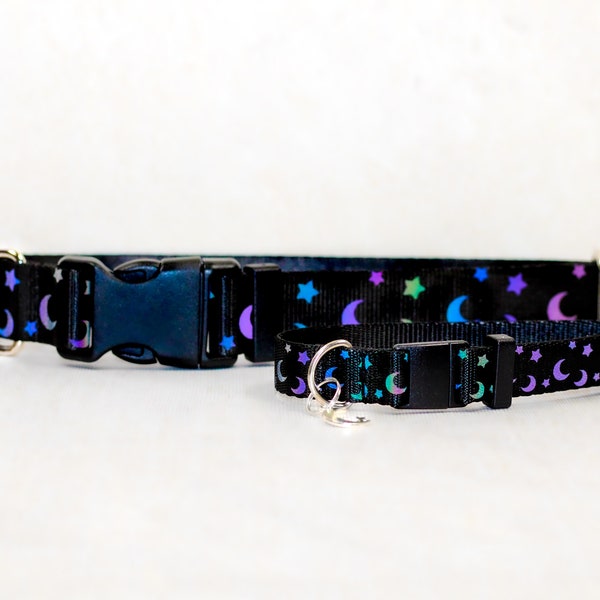 Reflective Dog collar, Cat Collar, Moon Cat collar, Moon and stars, Galaxy, Space, Witchy, High Vis reflect, Safety collar,