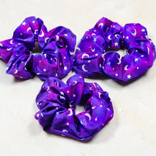 3 Piece scrunchie set, Moon and star, Hair scrunchie, Silk scrunchie, Purple, Purple galaxy,