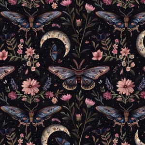 May include: A repeating pattern featuring moths, crescent moons, and flowers in shades of blue, pink, and cream against a black background. The design includes detailed illustrations of moths with intricate wing patterns, surrounded by floral elements and celestial motifs.