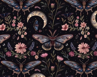 May include: A repeating pattern featuring moths, crescent moons, and flowers in shades of blue, pink, and cream against a black background. The design includes detailed illustrations of moths with intricate wing patterns, surrounded by floral elements and celestial motifs.