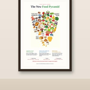 May include: A framed educational poster titled The New Food Pyramid, featuring colorful illustrations of various food groups including vegetables, fruits, proteins, dairy, healthy fats, and whole grains, with text guidelines for daily dietary intake.