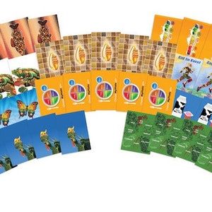 May include: A set of colorful cards featuring various images, including butterflies, iguanas, and a person running. The cards also include a food pyramid graphic and the text "Eat to Excel".