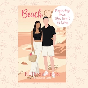 May include: A digital illustration of two people standing on a beach. One person wears a black tube top, white wide-leg trousers, and carries a straw bag. The other wears a black polo shirt and white shorts. Text reads Beach SEA, Personalize Hair, Skin Tone & BG Color, and Rufflesnunsies.