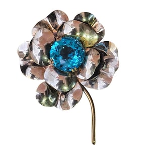 Large Vintage Gold Plated over Sterling Silver Blue Topaz Spinel Flower Brooch