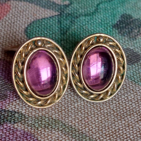 Vintage Orena Paris Gold Tone, Purple Cabochon Clip-On Earrings