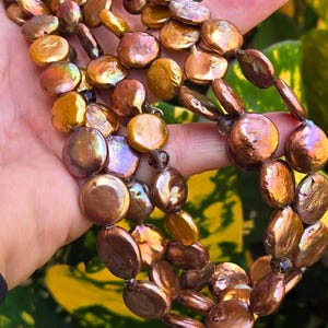 Puede incluir: Un collar de varias hebras con cuentas iridiscentes en forma de moneda, en tonos dorados, bronce y marrón. El collar tiene un aspecto natural y orgánico, con variaciones de color y forma. Las cuentas están ensartadas, creando un efecto de capas.