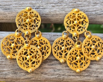 Vintage Les Bernard Earrings Large Matte Gold Disc Chandelier Clip On, Signed