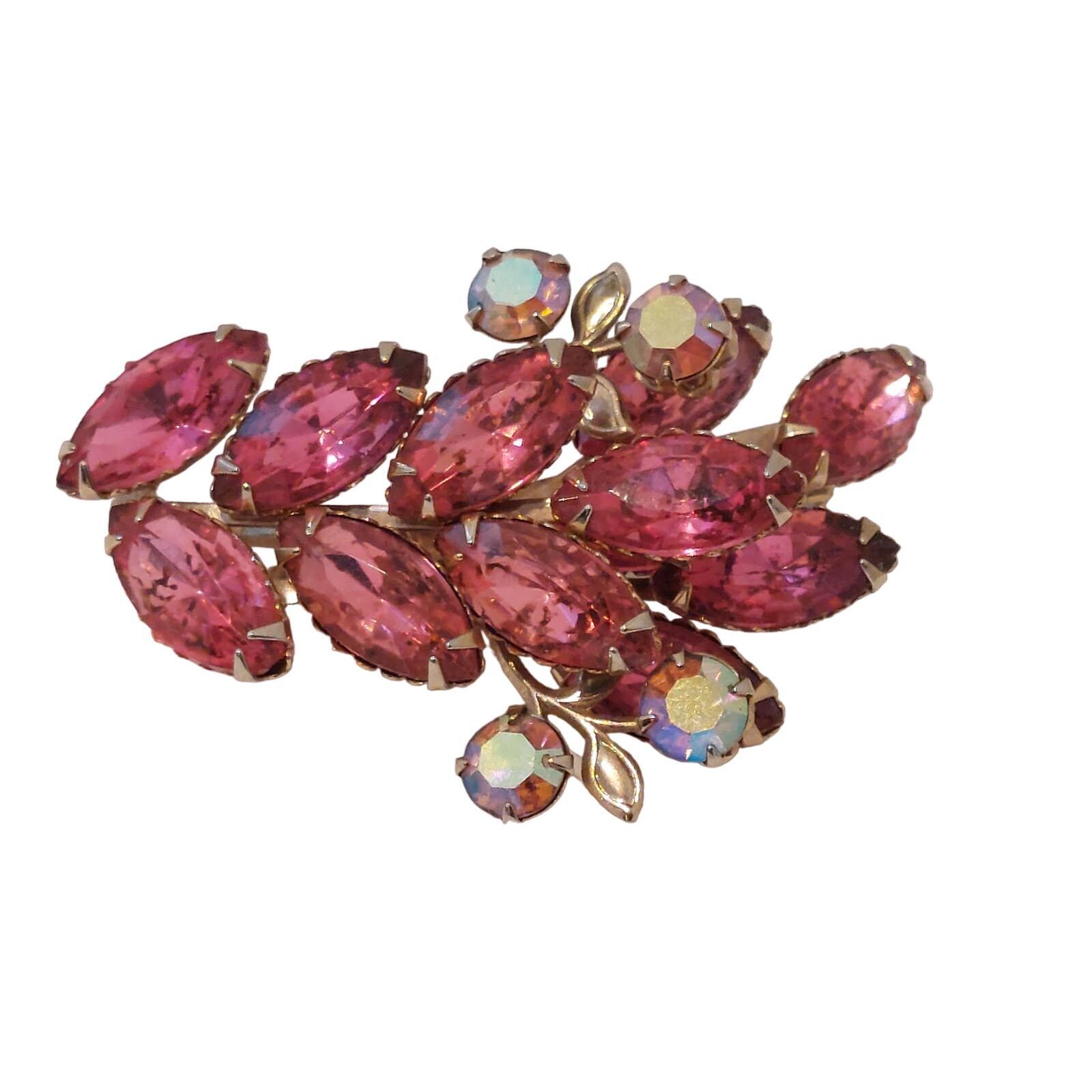 1960's Vintage Hot PINK & Aurora Borealis Rhinestone Brooch