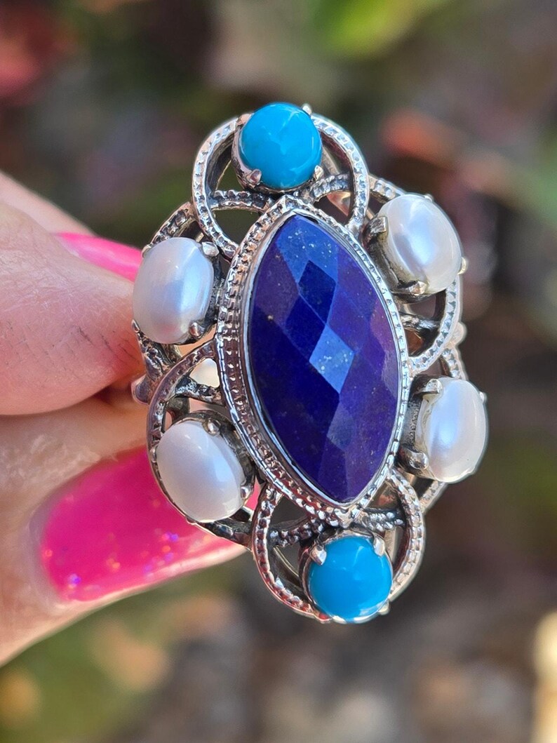 Nicky Butler Silver Rings Vintage Nicky Butler Sterling Silver Pearl Lapis Turquoise Cluster Ring ...
