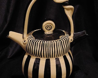 Black and White Footed/Lidded Whimsical Ceramic Teapot Signed Artist Ester Ikeda