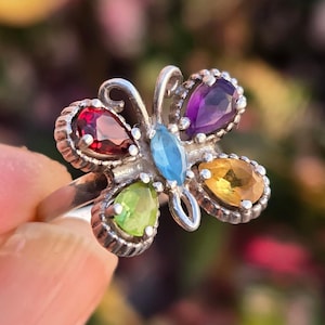 Vintage 925 Sterling Silver Multi Gemstone Butterfly Ring, Size 7