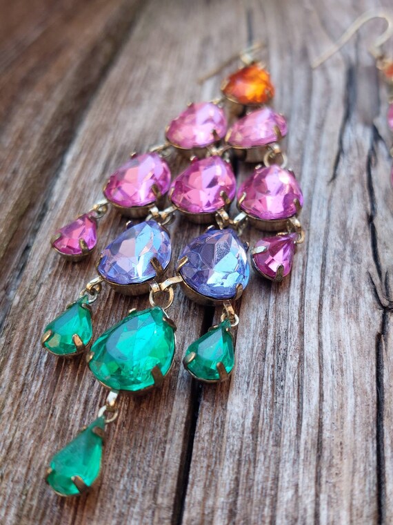 Vintage Long Chandelier Statement Earrings, Rainb… - image 4