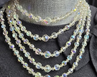 1950&#39;s Beautiful 5 Strand Crystal Faceted Aurora Borealis Necklace