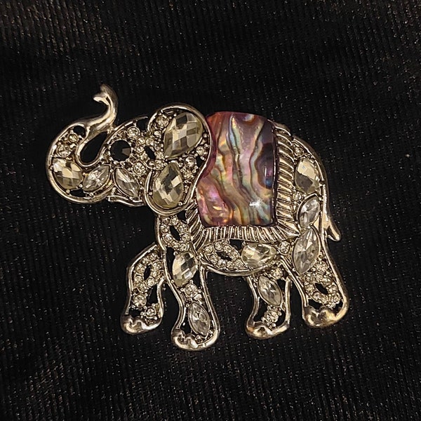 Vintage Napier Silver Tone Simulated Abalone & Crystal Elephant Pin/Brooch