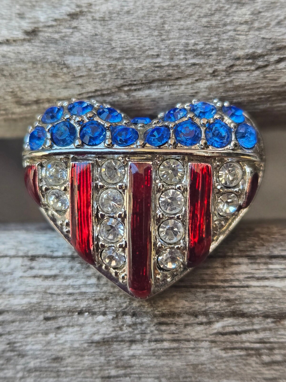 Red White and Blue Flag Heart Pin with Crystals Red White and Blue Flag Heart Pin with Crystals