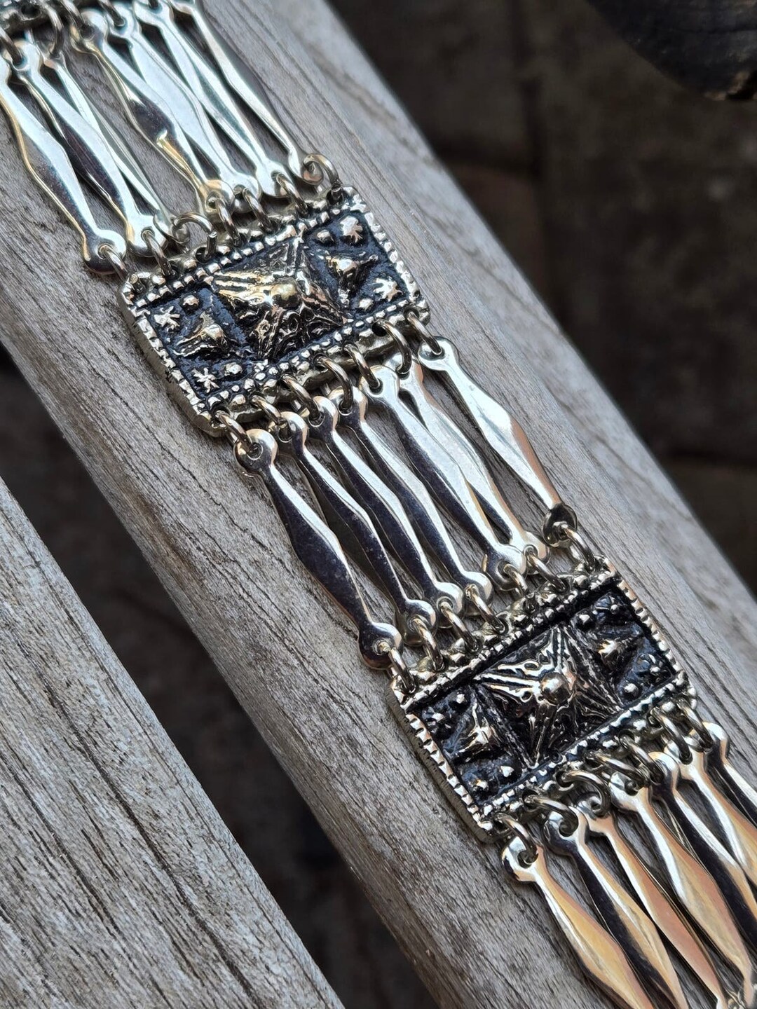 Los Ballesteros Taxco 925 Silver Bracelet, Carved Stone Aztec Warrior 77.9 Grams