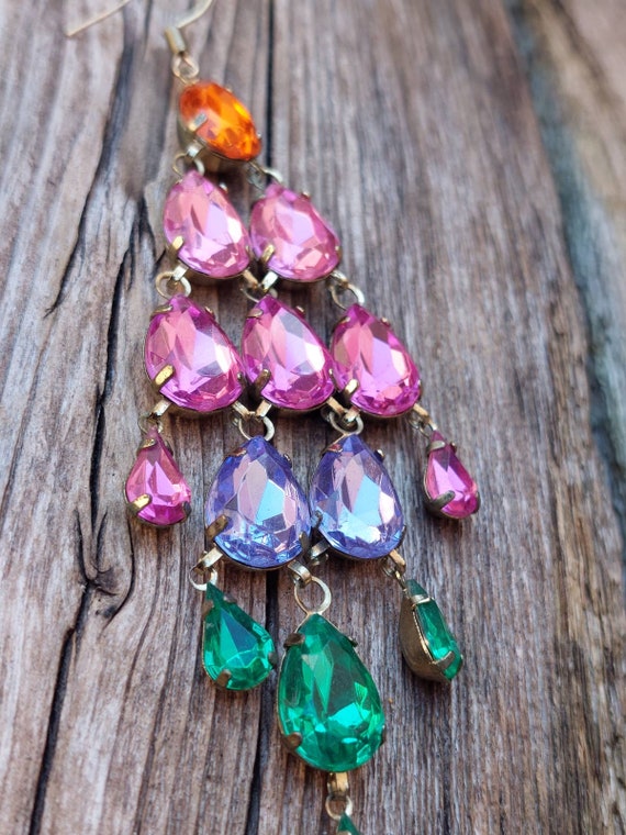 Vintage Long Chandelier Statement Earrings, Rainb… - image 5